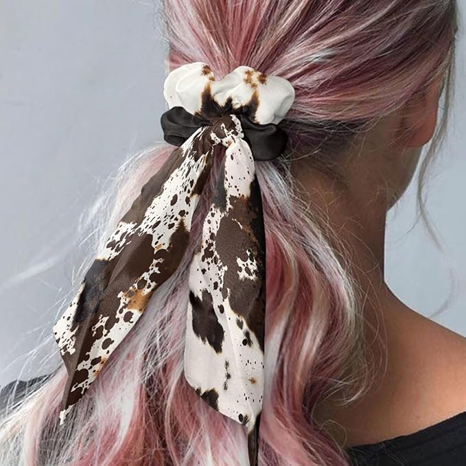 Cow Print Pack of 2 Knotted Bow Hair Scrunchies Elastic Hair Scarf Fashion Bow Scrunchy Aesthetic Ponytail Scrunchies with Ribbon