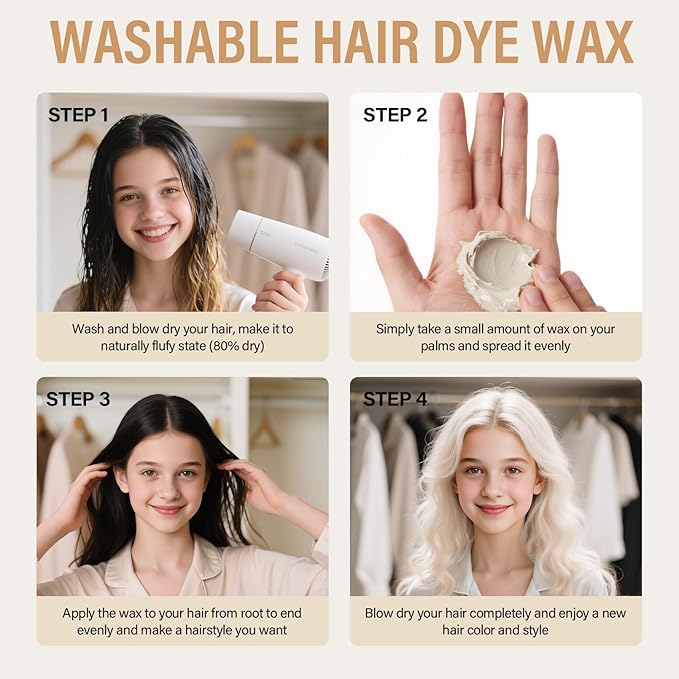 White Hair Wax, Temporary Hair Color Wax, Nourishing & Washable Hair Color for Kids, Women and Men 2.12 Oz.