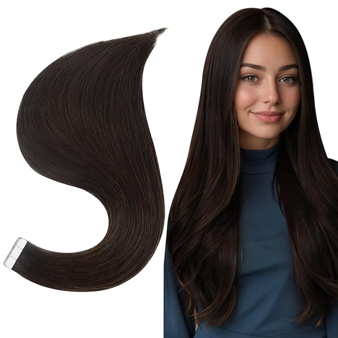 Full Shine Tape in Hair Extensions Human Hair Color Dark Brown Tape Hair Extensions Real Human Hair 14Inch Skin Weft Tape in Extensions 20pcs 50Gram Silky Straight Hair Extensions Tape in