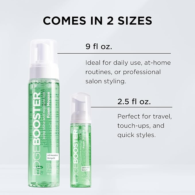 Style Factor EDGE BOOSTER Extra Shine & Moisture Rich Foam Mousse | Lightweight Styling for Curls, Waves, Braids, Locs & Protective Styles | Volume & Shine | With Rosehip Oil | 9 fl oz