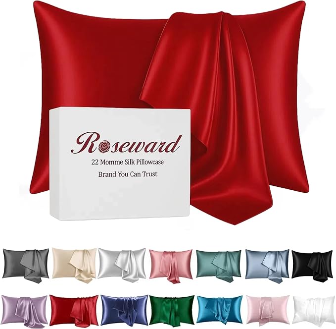 Red Silk Pillow Cases for Hair and Skin Made in USA, 22 Momme, Anti Acne Silk Pillowcase with Zipper, Organic, Hypoallergenic, Anti Wrinkle, 1 Pc 20"x26" (Standard, Red)