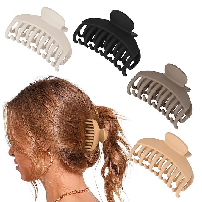 DEEKA 4 PCS 2.5 Inch Hair Claw Clips Double Row Teeth Matte Hair Jaw Clips Hair Barrettes Thick Medium Thin Hair Clips for Women (Beige,Brown,Black)