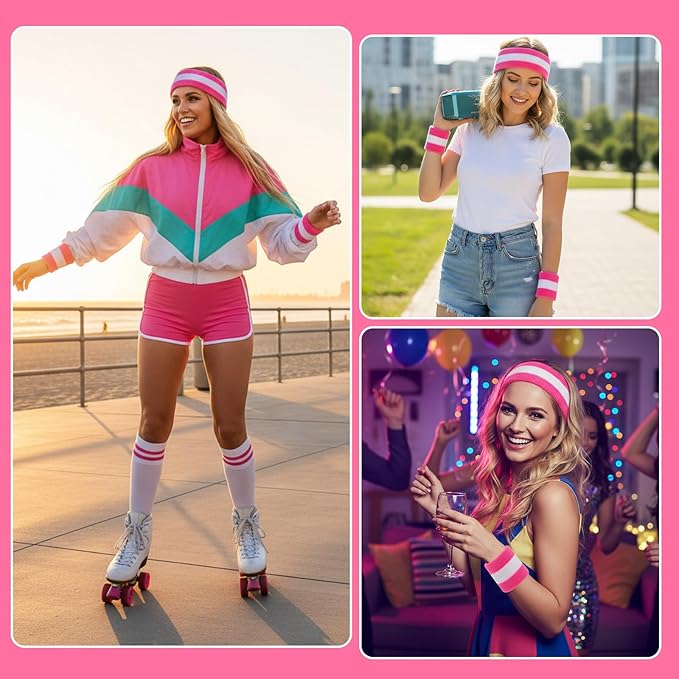 3 Pcs Sweat Band Set, 1 Pcs Headband and 2Pcs Wristbands, Pink Strips Sweatbands for Women Sports Fitness 80s Costumes Accessories(Pink)