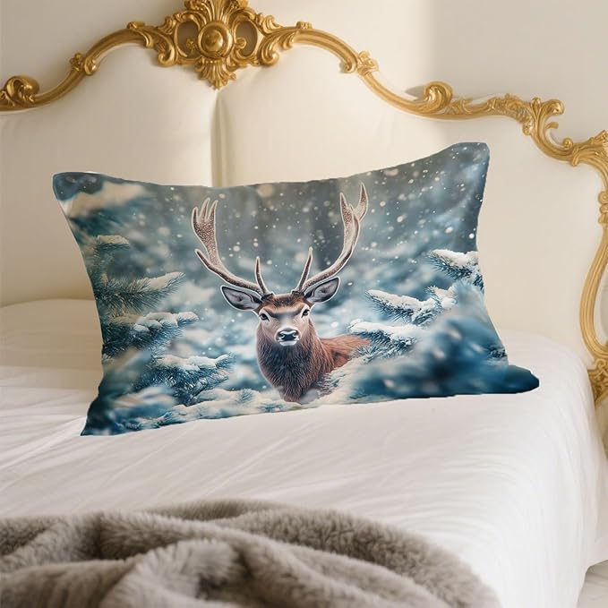 Silk Pillowcase for Hair and Skin Winter Snowy Forest and Deer Satin Pillowcase Standard Size with Zipper Silky Soft Cooling Satin Pillowcase Sleeping for Women 20"x26"