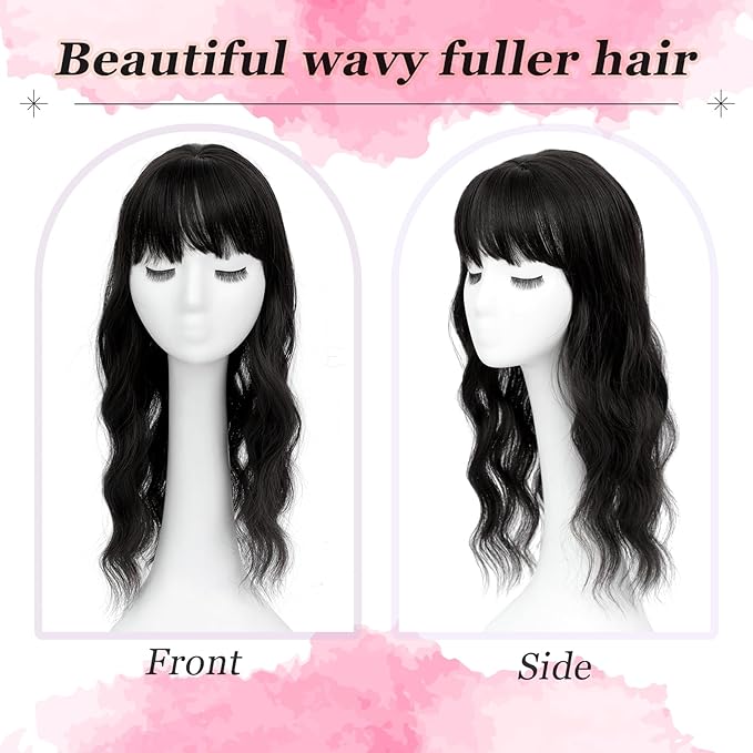 Hair Topper, 360° 3D Hair Toppers for Women with Thinning Crown, 18 Inch Long Wavy Curly Hair Pieces Clip in Bangs (Black, 18 inch, French Bangs)