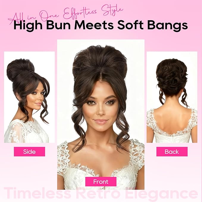 REECHO Messy Bun Hair Piece with Bangs – 2-in-1 Drawstring Ponytail Extension Updo Wig & Hair Topper with Long Side Bangs, Natural-Looking Hair Bun Hairpieces for Women - Light Brown