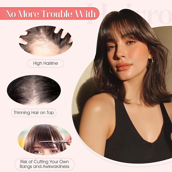 Hairro Mono Hair Toppers with Bangs, 3.4" x 3.4" Mono Base 100% Real Human Hairpieces for Women, 150% Density Clips In Topper for Greyish Thinning Hair, 18 Inch Natural Black