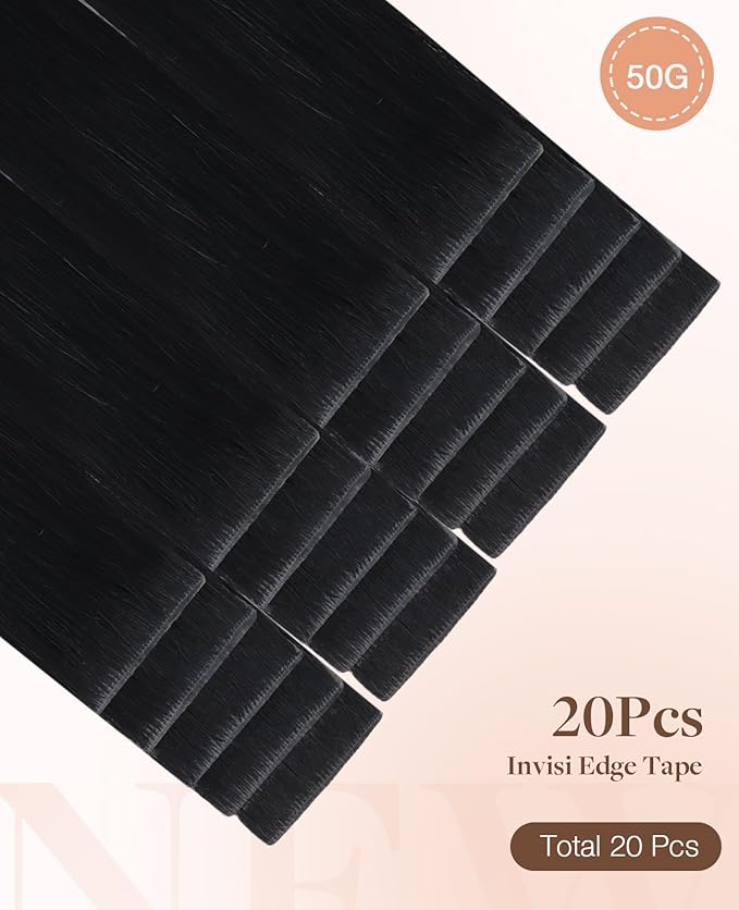 GOO GOO Invisi Edge Tape in Hair Extensions Human Hair, 1 Jet black 20pcs 14inch 50g, Virgin Remy Hair, Seamless Injected Tape, Natural Look