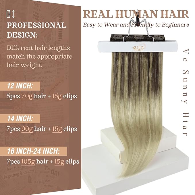 Ve Sunny Clip in Hair Extensions, Human Hair Clip in Extensions, Clip on Hair Extensions for Women, Dark Brown Ombre Golden Blonde Mix Platinum Blonde Straight Hair Extensions 7pcs 24inch 120g