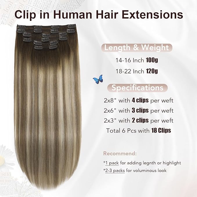 XDhair Balayage Human Hair Clip in Extensions 100g 6pcs 14 Inch Light Brown Mix Blonde Hair Extension Real Human Hair Clip ins Invisible Hair Extension(14”, 3/8/22)