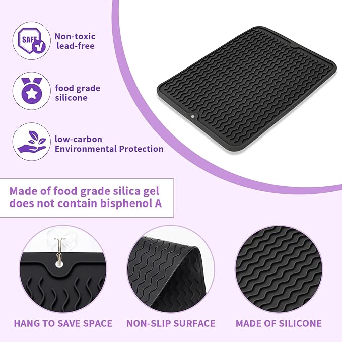 Oversize Silicone Heat Resistant Mat, Heat Mat with Velcro for Curling Iron, Travel Cover Cushion for Curling Irons, Hair Bands and Styling Tools(15.7" X 11.8") (Black)
