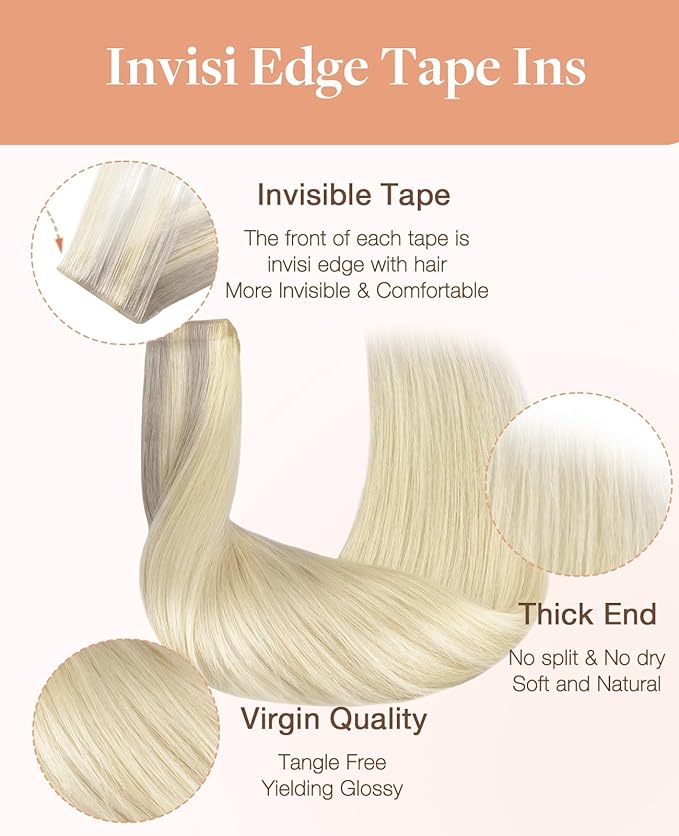 GOO GOO Invisi Edge Tape in Hair Extensions Human Hair, 17/22/60 Balayage Ash Blonde to Golden Blonde and Platinum Blonde, 20pcs 16inch 50g, Virgin Remy Hair, Seamless Injected Tape, Natural Look