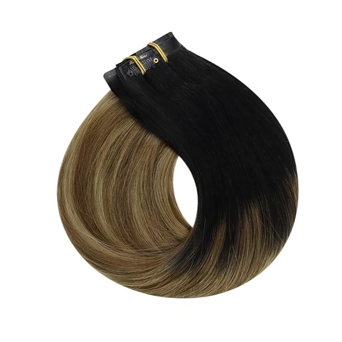 Full Shine Ombre Clip in Hair Extensions Real Human Hair 12 Inch Black to Light Brown with Honey Blonde Seamless Clip ins Invisible Remy Hair Softness 8 PCS 95 G