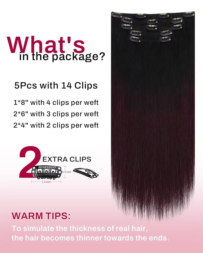 Moresoo Red Wine Clip in Hair Extensions Human Hair Balayage Natural Black to Dark Red Hair Extensions Clip ins Short Ombre Black to Burgundy Double Weft 80g/5pcs 14 inch