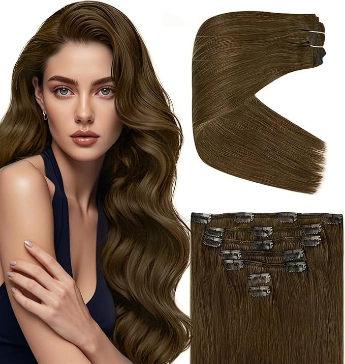 Ve Sunny Clip in Hair Extensions Cool Ash Brown Remy Human Hair Clip in Extensions Full Head Straight Real Hair Extensions For Women 7pcs 120g 18 inch