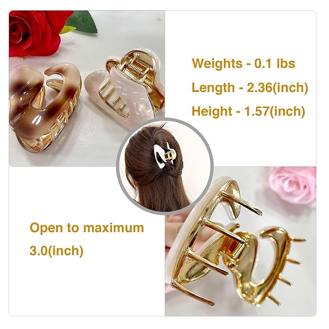 2PS Marble Pattern Hair Clips for Women - Non-Slip Grip Metal Claw Clip, Geometric Design Hair Accessories for Thin/Thick Hair, Cute Hair Styling Barrettes, 2.36 Inch