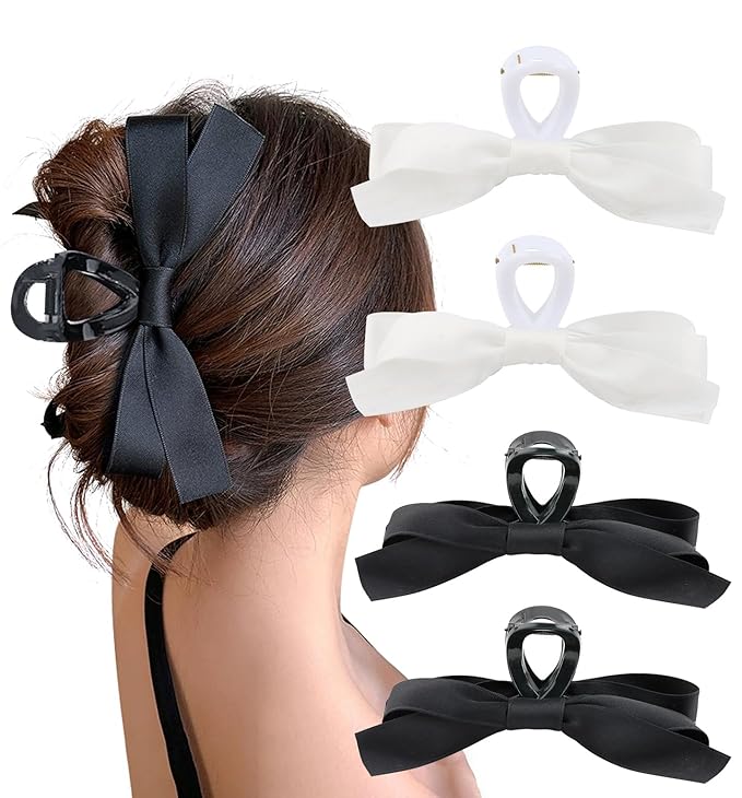 SEVEN LUCKY LIGHT Bow Claw Clip,4 Pcs Hair Bows for Women,Satin Silk Fabric,Large Size Hair Claw Clips for Thick Hair