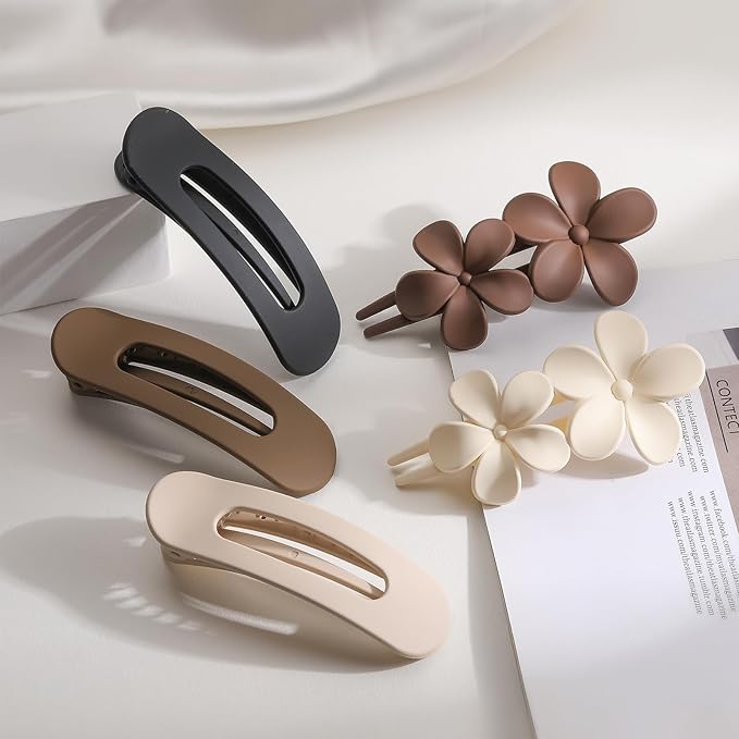 5 Pcs Flat Hair Clips, Medium Lay Flat Claw Clips for Women Girls,2 Styles Strong Hold Non-slip Matte Hair Claws for Thick Thin Hair(Brown&White)