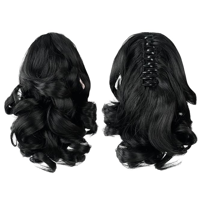Black Ponytail Extensions,9" Short Curly Wavy Claw Clip Pony tails Hair Extensions Natural Soft Synthetic Hairpiece for Women