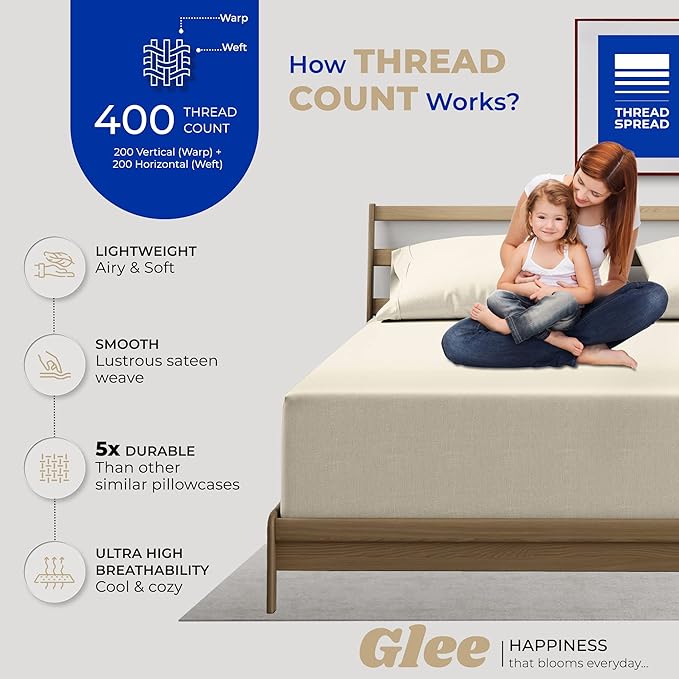 THREAD SPREAD 100% Cotton King Size Pillow Cases Set of 2-400 Thread Count Pillow Cases King Size Set of 2 (Ivory), Luxuriously Soft Hotel Quality Sateen Weave Pillowcases, Crisp & Cool