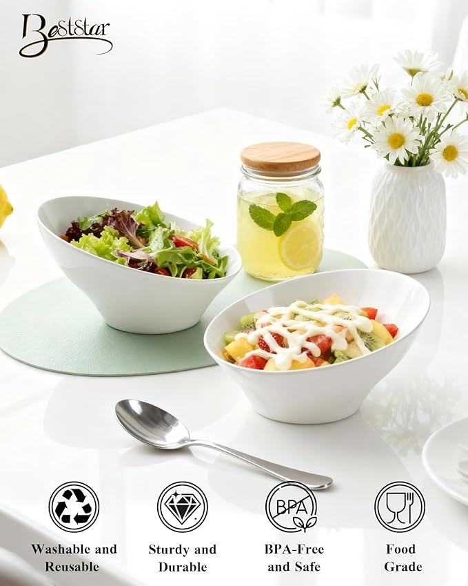 BESTSTAR 54OZ Plastic White Serving Bowls 8 Pack– Angled Disposable Party Bowls for Chips, Salad, Fruit & Candy – Heavy Duty Clear Serving Bowls for Parties, Buffet, Catering, Christmas