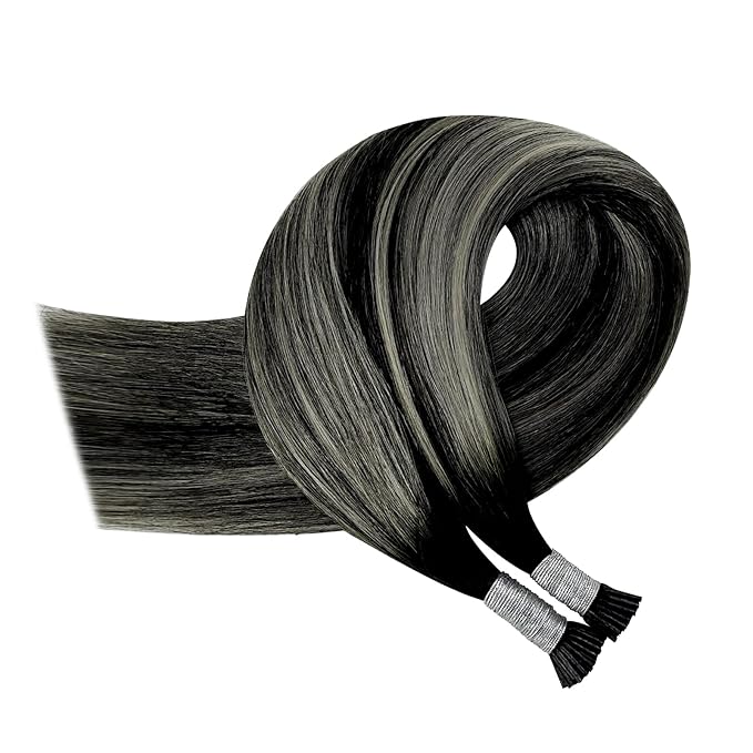 YoungSee I Tips Hair Extensions Ombre I Tip Hair Extensions Balayage Black with Silver Human Hair Extensions I Tip Balayage 20 Inch Itips Hair Extension Human Hair Silky Straight 50s 50g