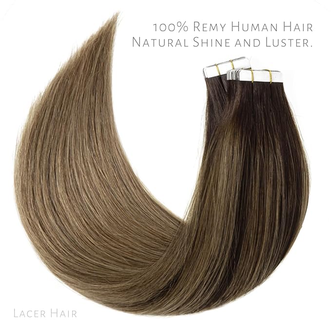 Lacer Natural Hair Extensions Remy Tape in Human Hair Extensions Balayage Seamless PU Skin Weft 100% Real Virgin Hair Ombre Darkest Brown to Chestnut Brown Color 100g 40pcs/set 22 Inch