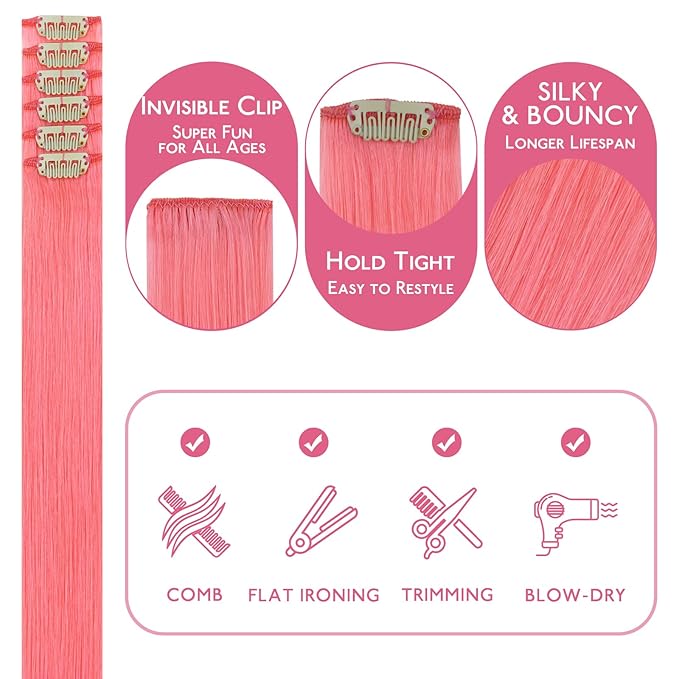 WENNALIFE Light Pink Clip in Hair Extensions Real Human Hair 35g 6pcs 22 Inch Colored Hair Extensions for Kids Women Colorful Hair Pieces Pop-up Style Straight Extensiones De Cabello Humano Con Clip