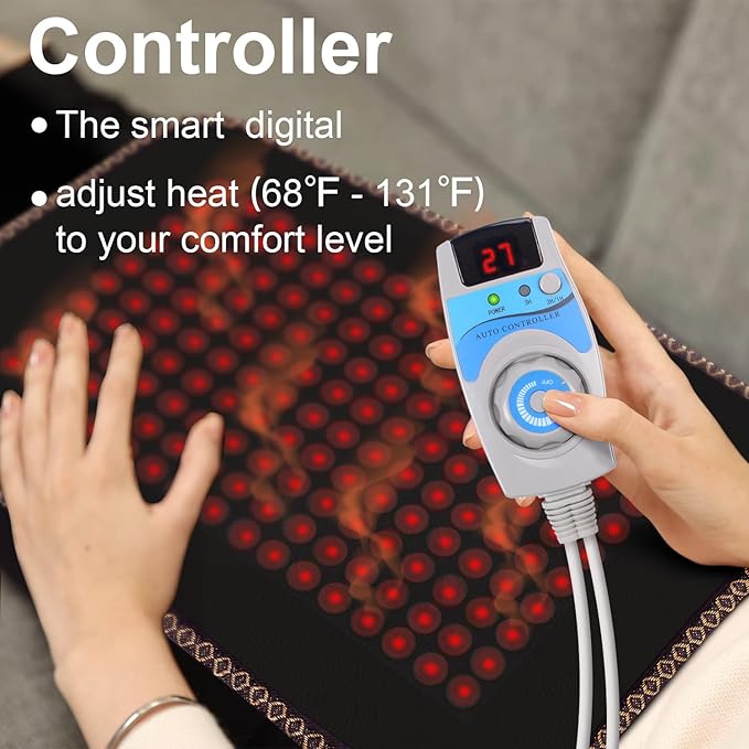 Natural Blue Jade Heating Pad, Infrared Heating Pad, Far Infrared Heating Pads with Travel Bag and Chair Strap, Smart Controller with Memory Function, Auto Shut Off (Brown, 25 in x 18 in)