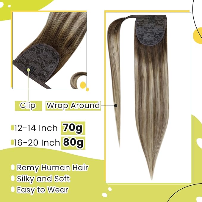 RUNATURE Straight Ponytail Extension Human Hair Balayage Walnut Brown to Ash Brown with Bleach Blonde Short Ponytail Human Hair Extensions 14 Inch 70g Full Ends Thick Pony Tails Hair Extensions Soft