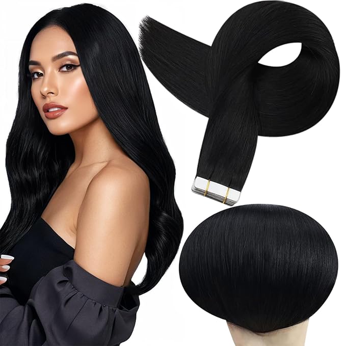 Full Shine Seamless Tape in Real Hair Extensions Color 1 Jet Black Double Sided Tape in Hair Extensions Human Hair 12Inch Short Remy Extension Cut Layered Style 30G 20Pcs Adhesive Tapes ins Thick End