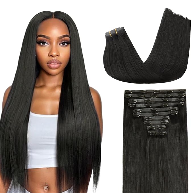 Lashey Seamless Clip in Hair Extensions Human Hair 210g 10pcs 18 Inch Natural Black Thick Clip in Hair Extensions Straight Soft and Invisible with Invisi Edge