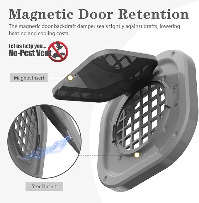 Dryer Vent Cover Outside 4 inch, Magnetic Door Design, Durable Airflow Vent with Lint Trap Screen, Thickened Material, 7 inch x 7 inch Size, Grey