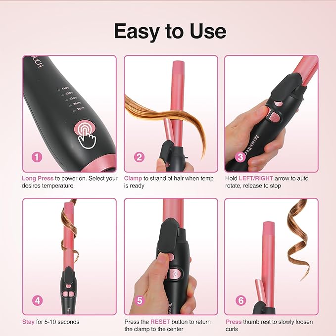 Extra-Long Barrel Rotating Curling Iron with Short Clamp, Automatic Curling Iron 1 Inch Creates Loose Curls – for Medium and Long Hair, High Heat 410°F, Instant Heat up, Double Ceramic, Dual Voltage