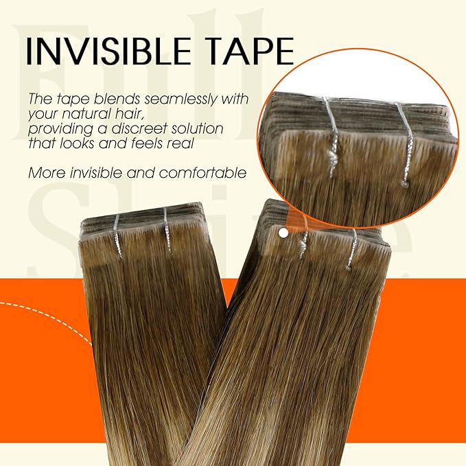 Full Shine Balayage Tape in Hair Extensions Color 4 Medium Brown Ombre 24 Blonde And 4 Injection Tape in Extensions Seamless Skin Weft Travel Friendly Styling for Hair loss Coverage 16Inch 40G 20Pcs