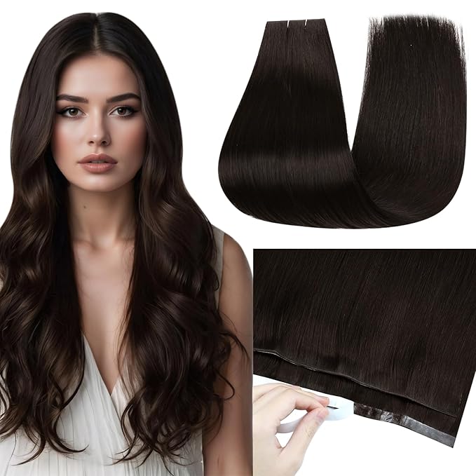 Full Shine Tape in Hair Extensions Human Hair Color 2 Dark Brown Wide Double Sided Tape Long Weft Remy Human Hair Tape in Extensions Genius Weft Hair Extensions 22Inch 50G One Piece for Thinning Hair