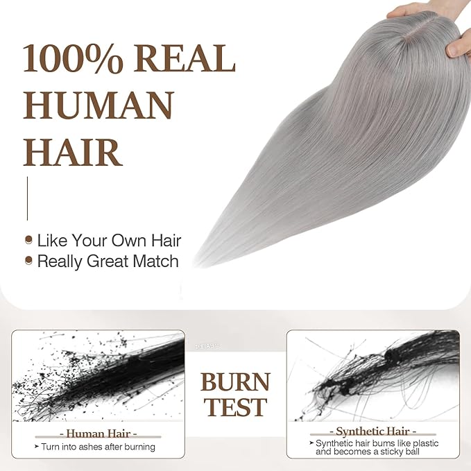 Rich Choices Hair Toppers for Women Real Human Hair 100% Human Remy Toppers NO Bangs for Women with Thinning on Top Clip in Hairpiece 4"x4.7"Lace Base 14 Inch Gray