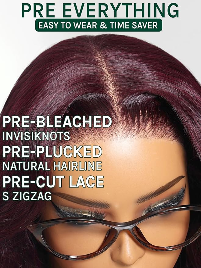 KLAIYI Black Cherry Loose Body Wave Bye Bye Knots Glueless Wig 7x5Precut Lace Front Wigs Human Hair Drawstring Pre Plucked Bleached 30S Ready to Wear and Go Wig with Face Framing Bangs Burgundy 14Inch