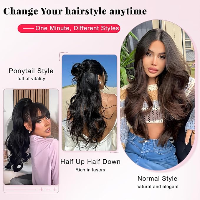 ALXNAN Long Wavy Layered Hair Extensions for Women, Clip in Hair Extensions Clip Ins Soft Full Head Synthetic Hairpieces 16 Inch Black