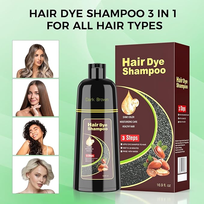 Dark Brown Hair Dye Shampoo for Woman & Man, Argan Hair Color Shampoo 3 in 1, Semi-Permanent Gray Hair Coverage, Mild Formula, Lasts 30 Days(16.90 oz)