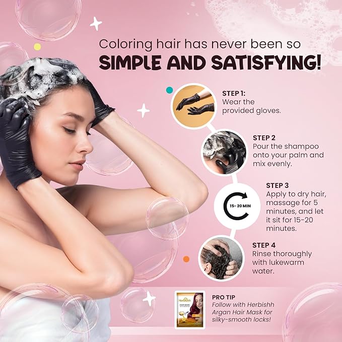 Herbishh Bubble Foam Hair Dye Shampoo, 3 in 1 Dye for 100% Grey Coverage, Permanent & Instant Hair Coloring for Men & Women, Long-lasting & Travel-friendly, Ammonia-free, 10 Sachet x 24 ml (Black)