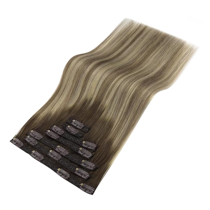 YoungSee 135G Clip in Hair Extensions Real Human Hair Ombre Brown Clip in Human Hair Extensions Walnut Brown Ombre Light Brown with Blonde Balayage Clip ins Hair Extension 18inch 7pcs