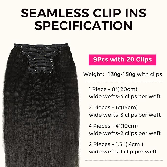 Lashey Seamless Clip in Hair Extensions Human Hair 150g 9pcs Kinky Straight Natural Black 24 Inch Long Clip in Hair Extensions Real Human Hair with PU Soft Invisi Edge