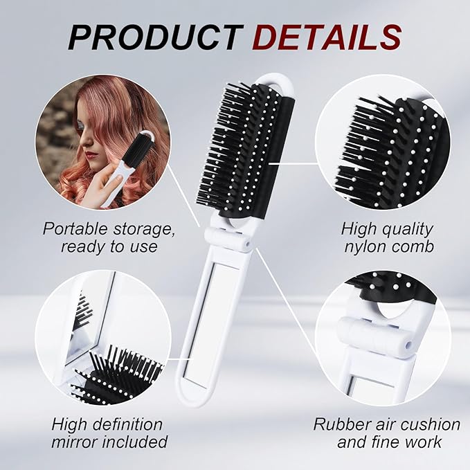 4 Pack Folding Travel Hair Brush with Mirror, Mini Foldable Hairbrush, Portable Pocket Comb with Mirror for Women Girls - Compact Design, Perfect for Travel, Purse, Gym Use - 4 Colors