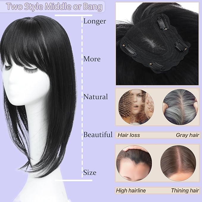 Hair Toppers for Women Real Human Hair, 360°3D Topper for Women with Thinning Crown Wispy Clip in Bangs Breathable Hand Tied Craft Big Coverage Hairpieces(Mocha（Big Coverage）, 16 Inch-3D-Wispy)