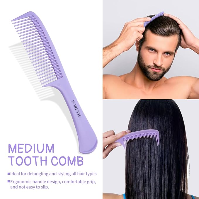 Hair Comb 3-in-1 Plastic Hair Comb Set For Women, Men - Wide Tooth, Rat Tail, and Regular Tooth Detangling Hair Combs for All Hair Types-Purple