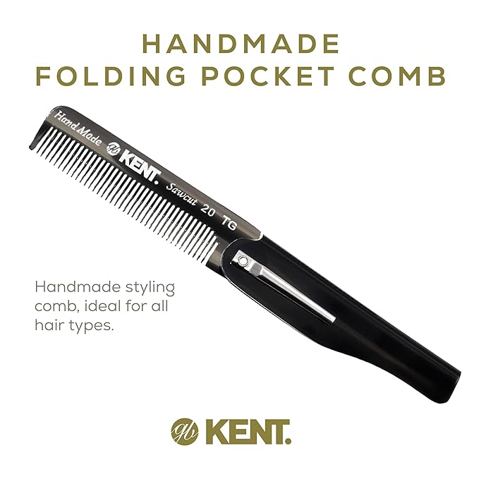 Kent 20T Black Graphite Handmade Folding Pocket Comb for Men, Fine Tooth Hair Comb Straightener for Everyday Grooming Styling Hair, Beard or Mustache, Use Dry or with Balms, Saw Cut, Made in England