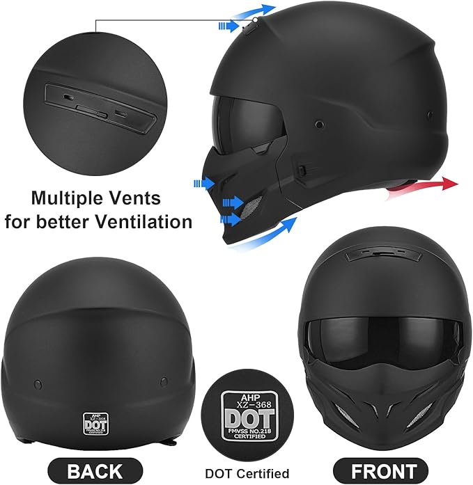 Full Face Motorcycle Helmet for Unisex-Adult Dirt Bike ATV Scooter Cruiser 3/4 Face Motocross Helmet Interchangeable Mouth Cover DOT Approved