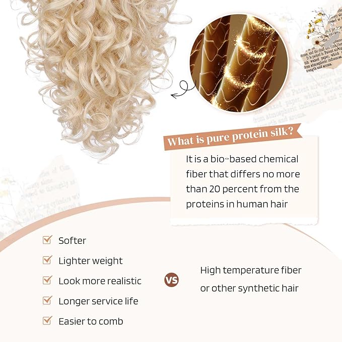 Flufymooz 100％ Pure Protein Ponytail Extension, 18 Inch Curly Claw Clip Ponytail Hair Extensions Natural Soft pony tail hairpiece for women-Light Blonde with White Blonde