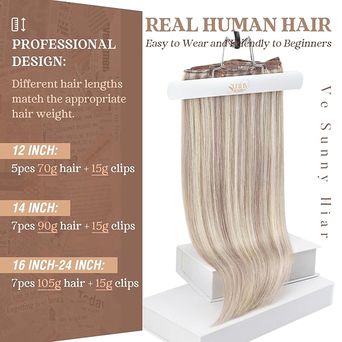 Ve Sunny Clip in Hair Extensions Real Human Hair 20inch Remy Hair Extensions for Women Real Hair Ash Blonde Highlight Bleach Blonde Hair Double Weft 7pcs 120g